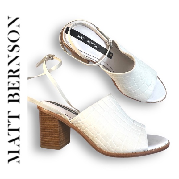 MATT BERNSON White leather Croc Embossed Ankle strap Peep Toe Mules SZ 10 - Picture 16 of 16